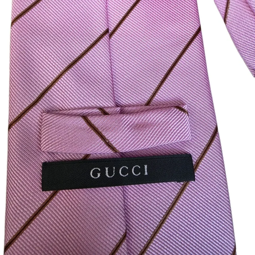 Gucci Mens 100% Silk Tie Made In Italy Pink Brown Stripe 3.75x58 Authentic 🇮🇹